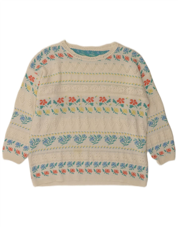 Pulover VINTAGE pentru damă, cu gât de barcă, IT 46, mare, alb, acrilic, floral