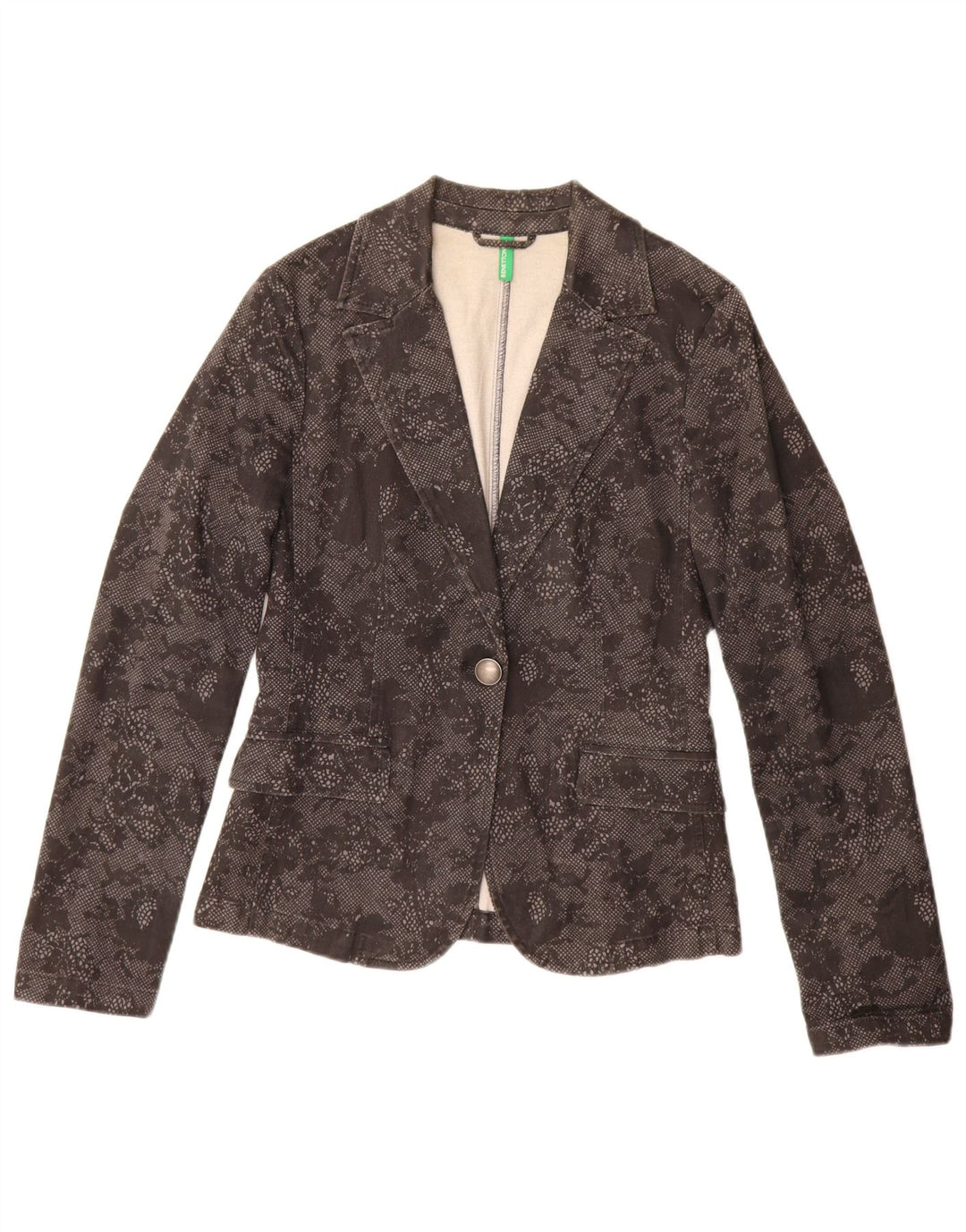 Jachetă Benetton pentru femei cu 1 nasture, UK 10, bumbac floral, negru, mic