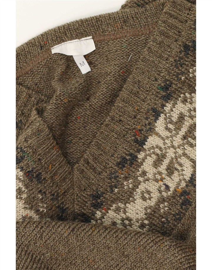 Pulover vintage pentru bărbați cu decolteu în V, mediu kaki Fair Isle