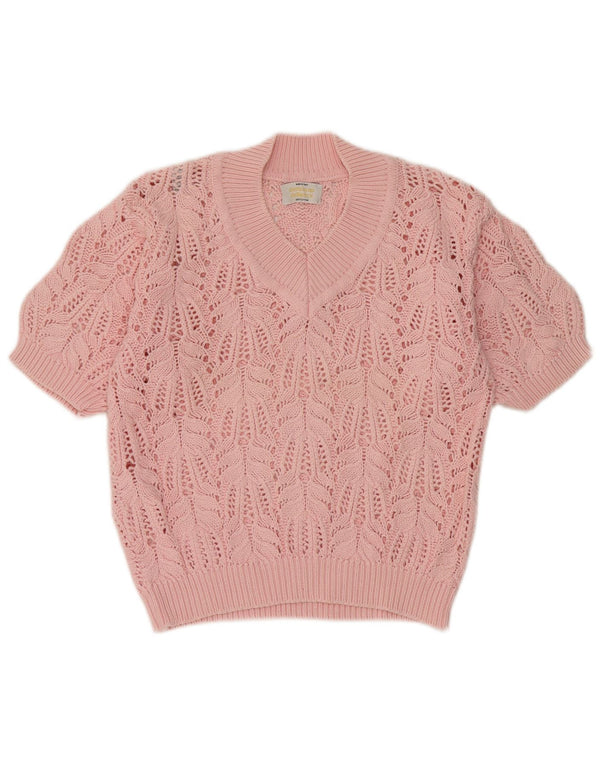 Pulover Benetton pentru femei, cu mânecă scurtă, cu decolteu în V, IT 46, bumbac, roz mare