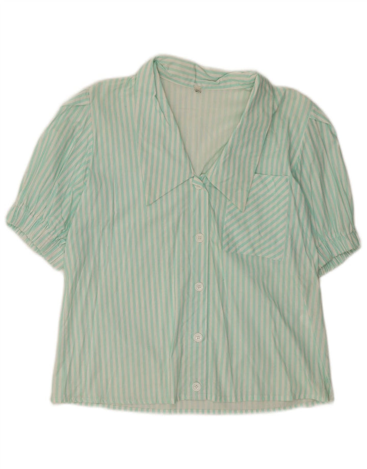 Bluză cămașă cu mânecă scurtă pentru femei VINTAGE UK 14 Medium Green Pinstripe
