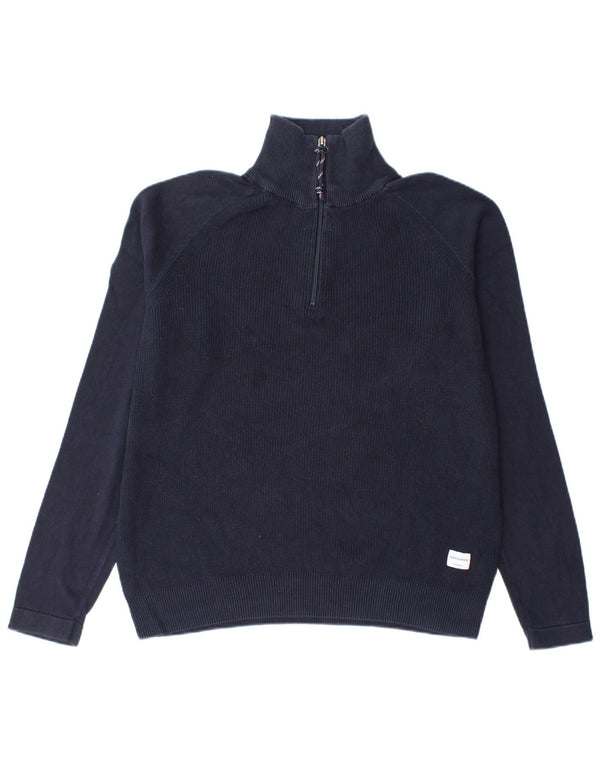 Jack & Jones Mens Loose Fit Zip Neck Jumper Sweater Small Navy Blue Cotton