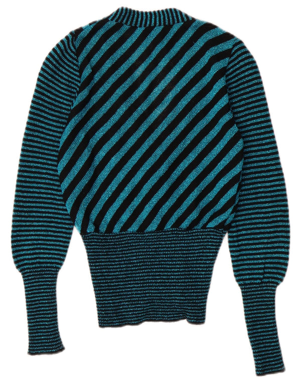 Pulover cardigan vintage pentru femei cu decolteu în V UK 6 XS turcoaz cu dungi