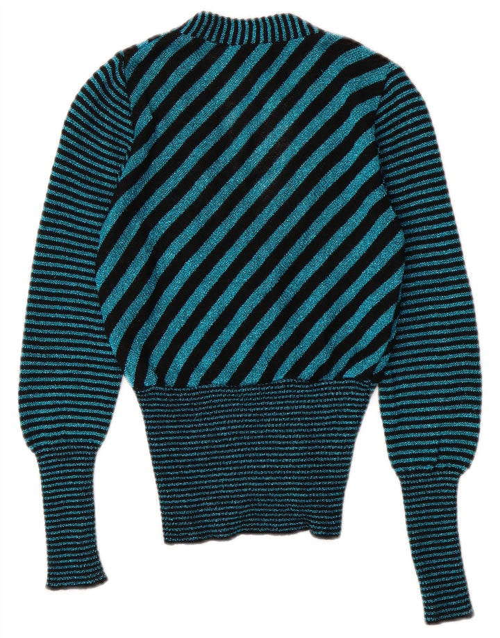 Pulover cardigan vintage pentru femei cu decolteu în V UK 6 XS turcoaz cu dungi