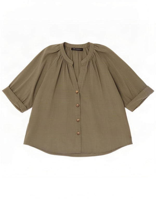 Zara Bluză cămașă cu mâneci 3/4 pentru femei UK 14 Medium Khaki Modal