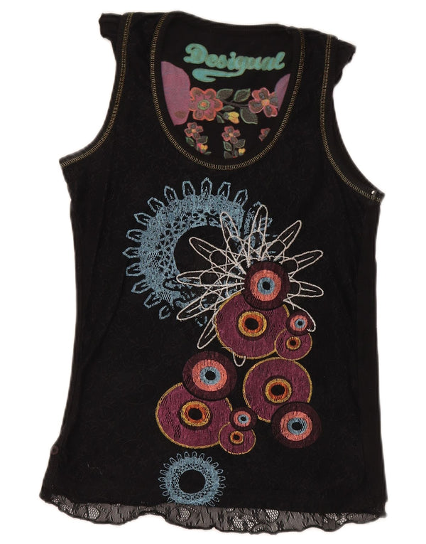 Desigual Womens Vest Top UK 12 Medium Black Geometric Bumbac