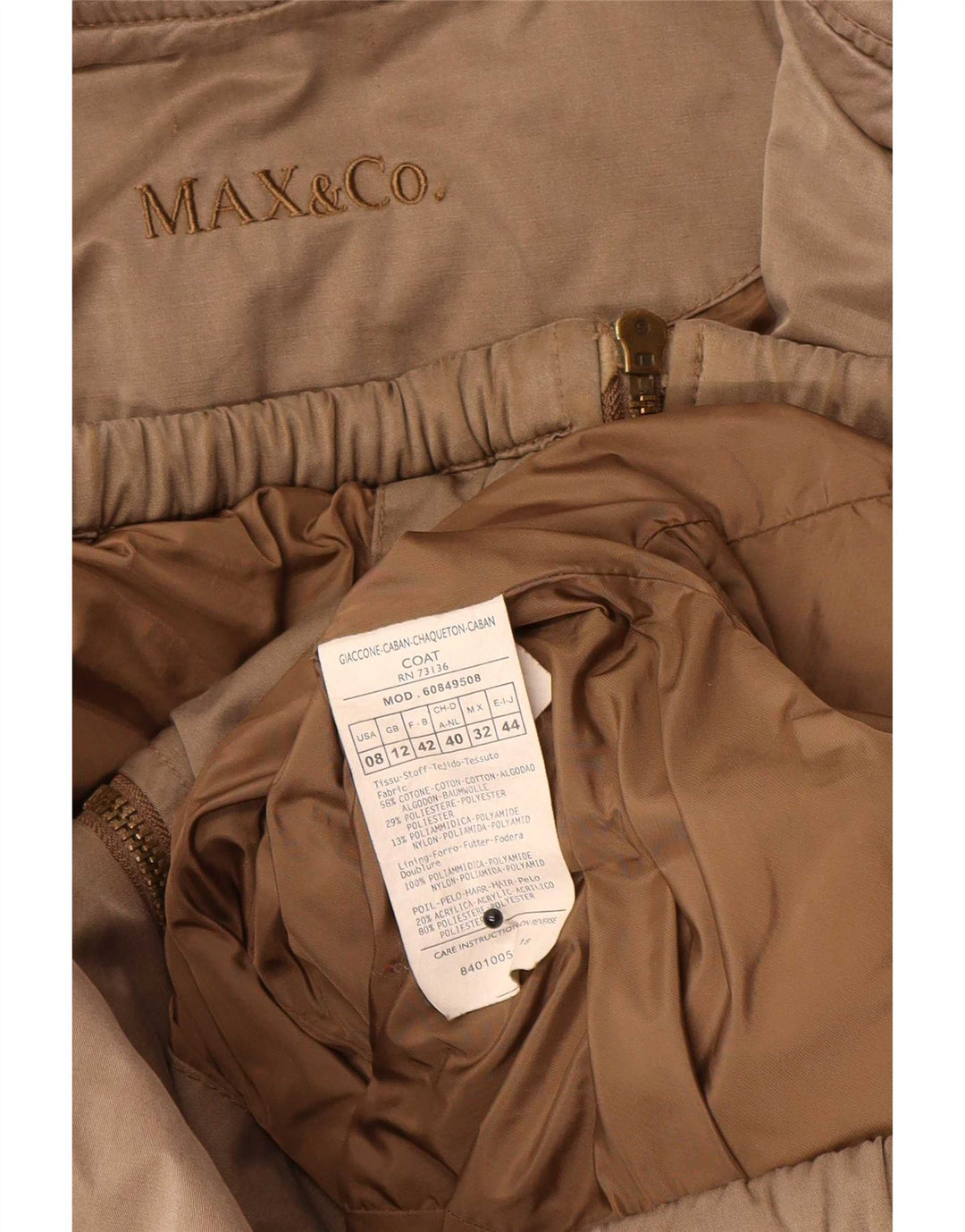 Max & Co. Palton căptușit cu glugă pentru femei UK 12 bumbac maro mediu