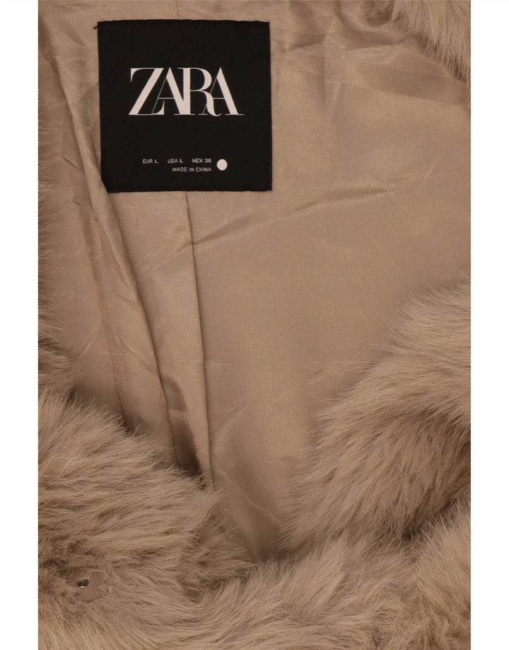Jachetă de blană artificială din poplin pentru femei Zara UK 16, mare, bej, poliester