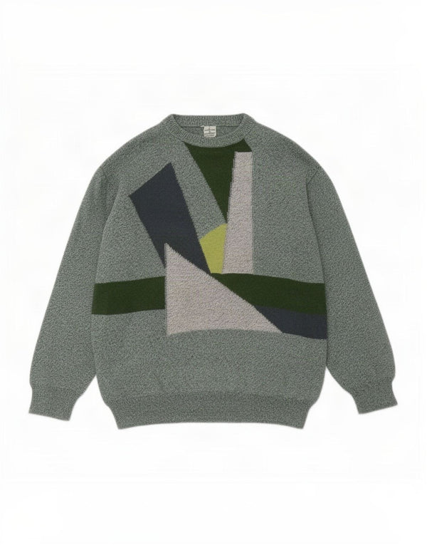 Pulover vintage pentru bărbați, cu gât roșu, din bumbac geometric verde mediu