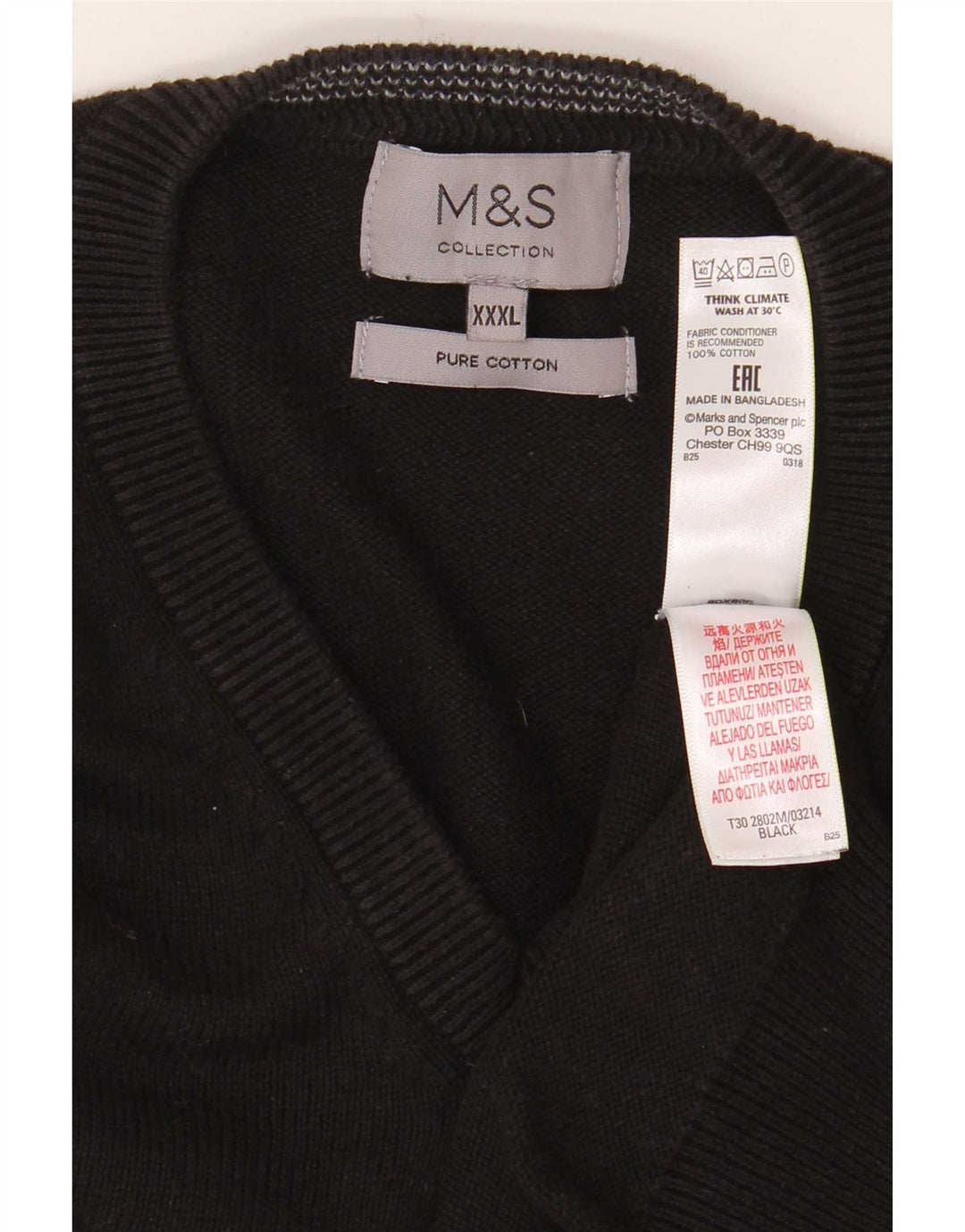 Pulover cu decolteu în V pentru bărbați Marks & Spencer, bumbac negru 3XL