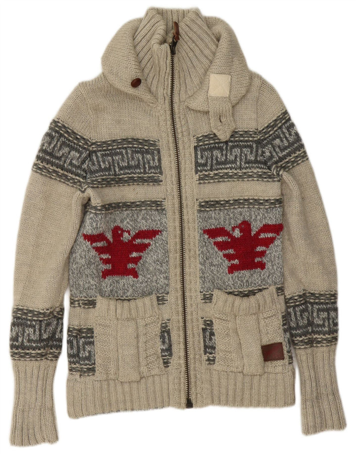 Pulover cardigan cu fermoar complet Superdry pentru bărbați, lână geometrică, gri mică