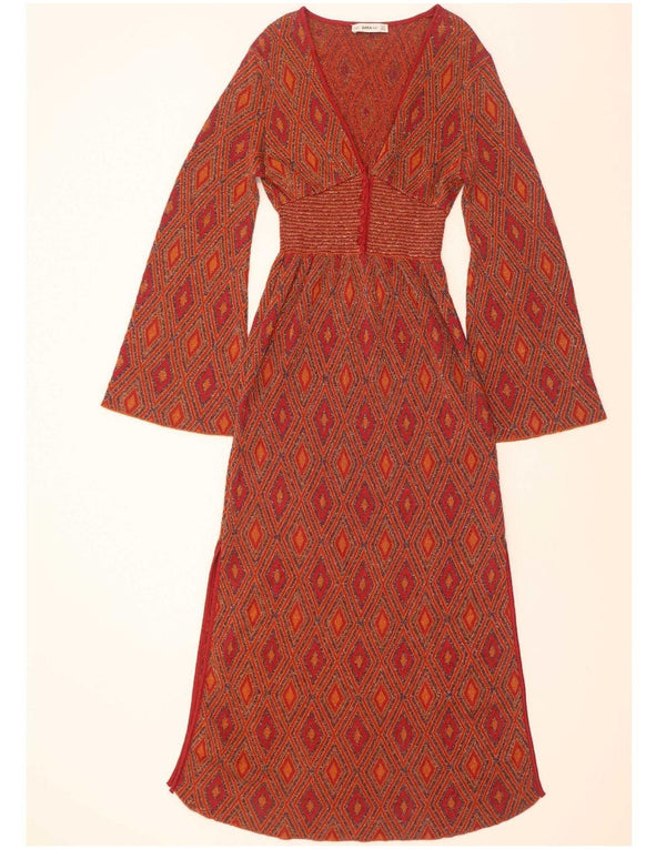 Rochie maxi din tricot cu mânecă lungă pentru femei Zara UK 12 Medium Red Geometric