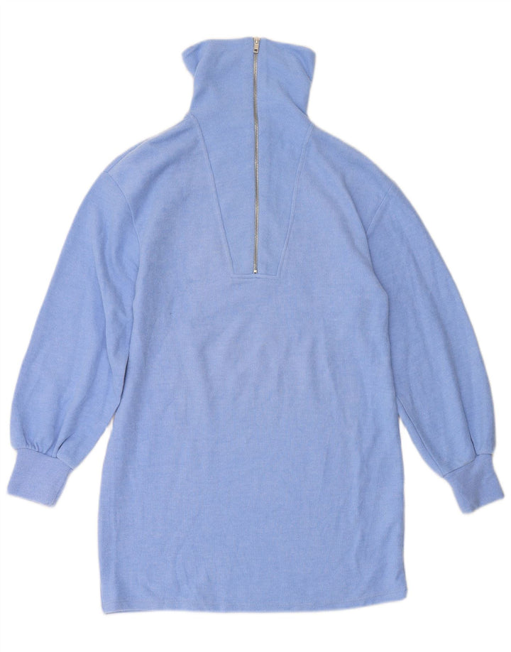 Pulover de damă ZARA cu paragate, cu fermoar, cu gât, UK 10, poliester albastru mic