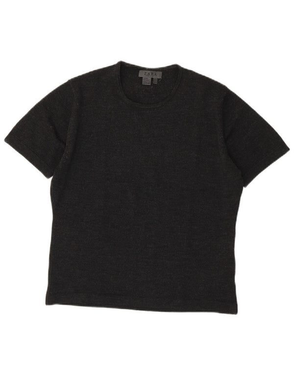 Pulover pentru femeie Zara cu mânecă scurtă cu decolteu triplu, Lână mare, gri, UK 14