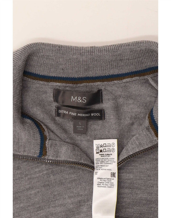 Marks & Spencer Pulover cu fermoar și gât pentru bărbați, lână merinos, gri mare