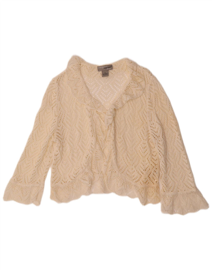 VINTAGE Pulover cardigan croșetat cu mâneci 3/4 pentru femei UK 18 XL alb catifelat