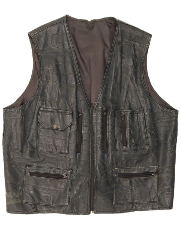 Gilet din piele vintage pentru bărbați UK 46 3XL Negru Patchwork