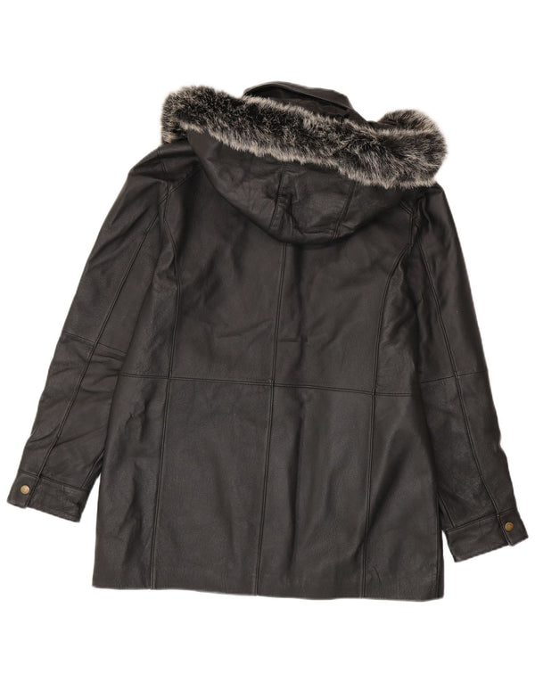 Jachetă de piele cu glugă vintage pentru femei UK 14 Medium Black