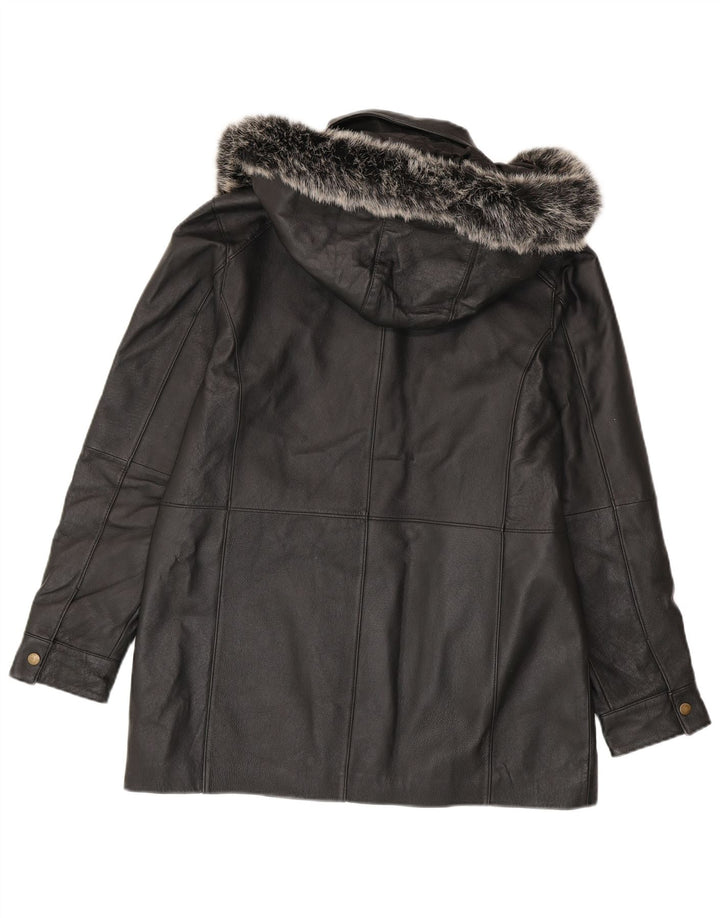Jachetă de piele cu glugă vintage pentru femei UK 14 Medium Black