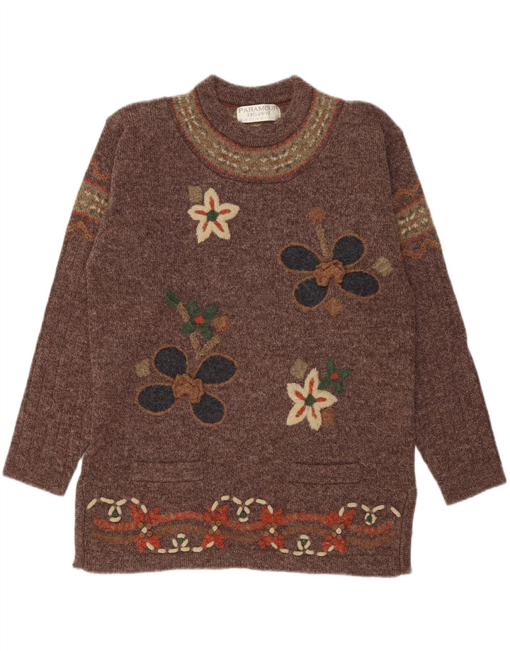 PARAMOUR Womens Crew Neck Jumper Sweater One Size Brown Floral Acrylic Vintage Paramour and Second-Hand Paramour from Messina Hembry 