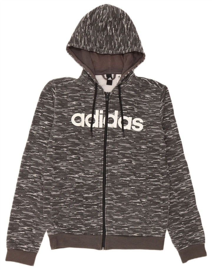 Pulover cu capotă cu fermoar și grafic Adidas pentru bărbați, din poliester striat, gri mic