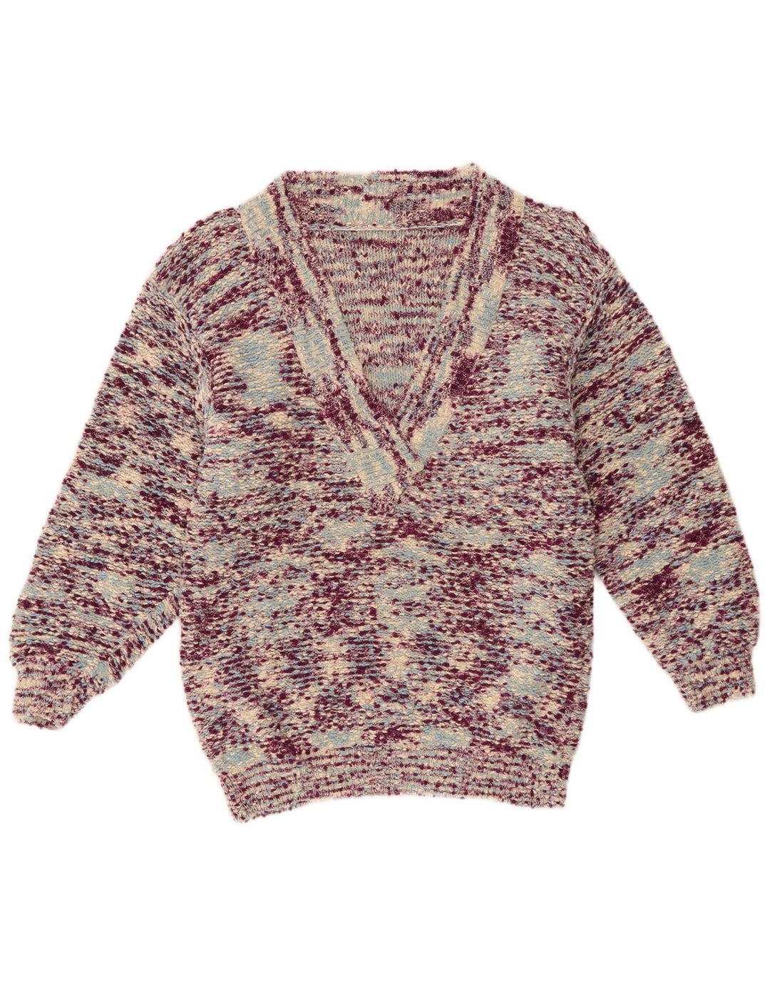 Pulover vintage pentru femei cu decolteu în V UK 12 Medium, multicolor, pete