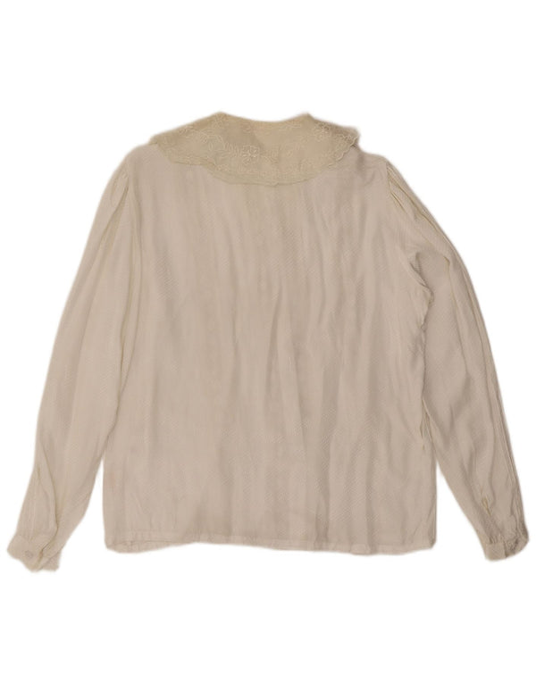 Bluză de cămașă vintage pentru femei UK 14 Medium Off White Floral Viscose