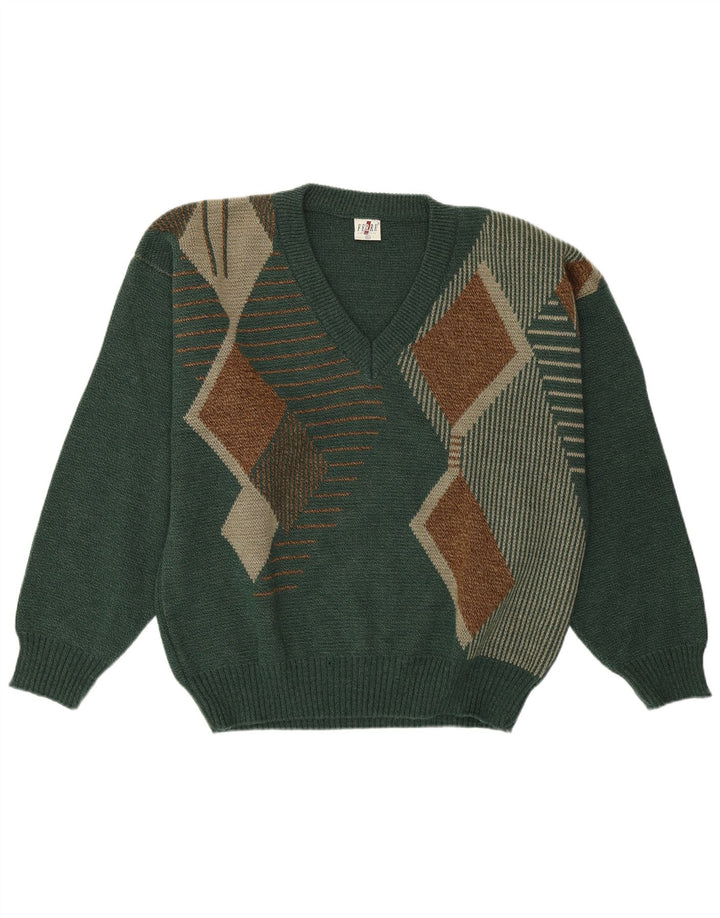 VINTAGE Pulover cu decolteu în V pentru bărbați XL Verde Argyle/Diamond Acrilic Clasic