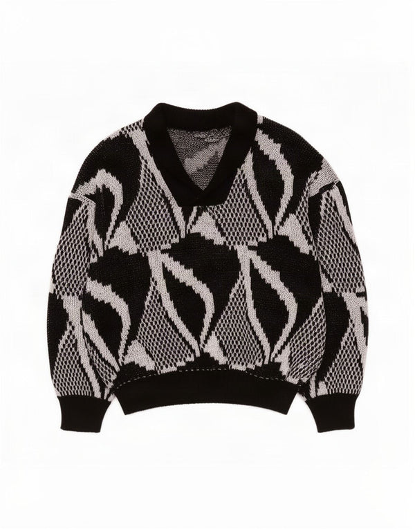 Pulover Vintage pentru femei cu decolteu în V UK 20 2XL Negru Geometric