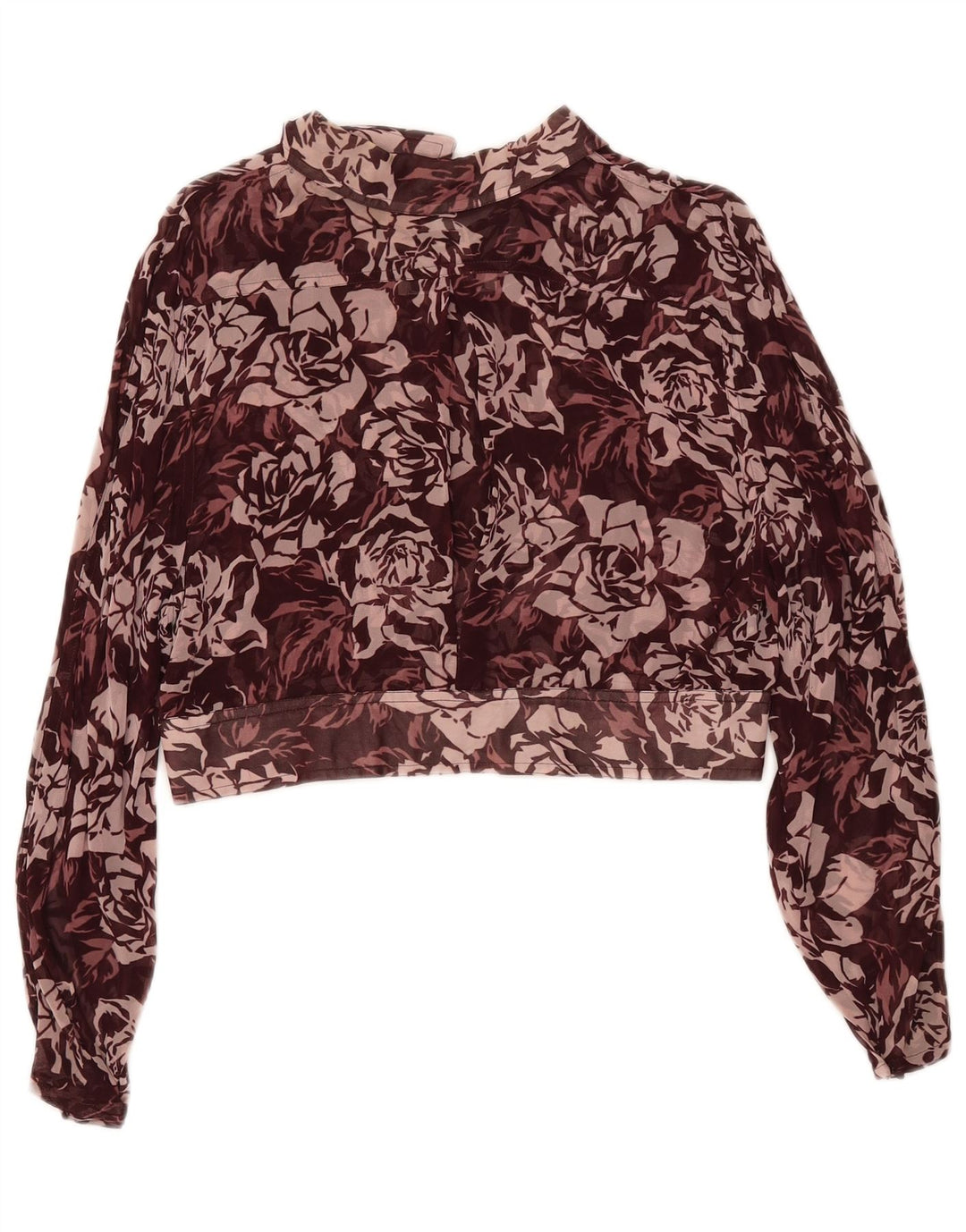Bluză vintage pentru femei, cămașă crop UK 12 Medium Maroon Floral