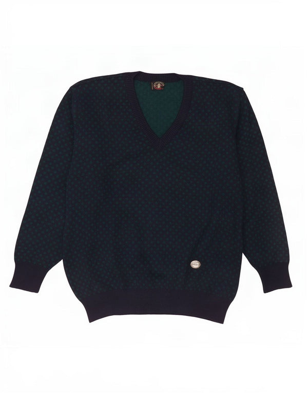 Pulover Vintage pentru bărbați cu decolteu în V XL Lână geometrică bleumarin