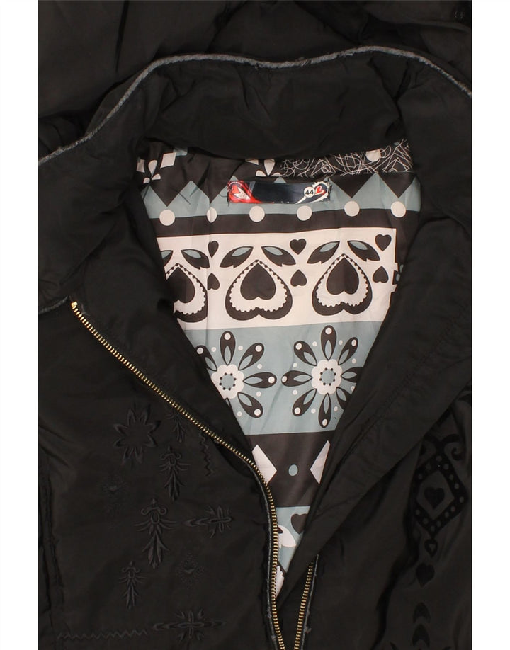 DESIGUAL Womens Abstract Pattern Hooded Padded Coat EU 44 XL Black Vintage Desigual and Second-Hand Desigual from Messina Hembry 