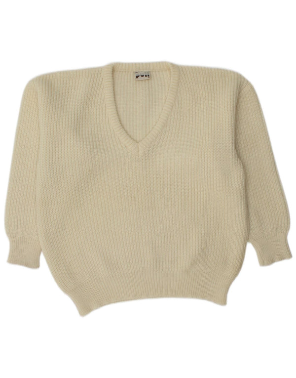 Pulover vintage pentru femei cu decolteu în V UK 16 Large Off White