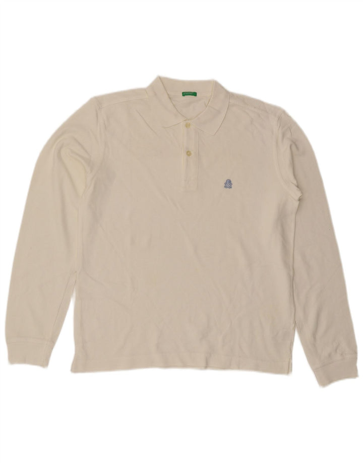 Tricou polo pentru bărbați Benetton cu mânecă lungă, bumbac alb mediu