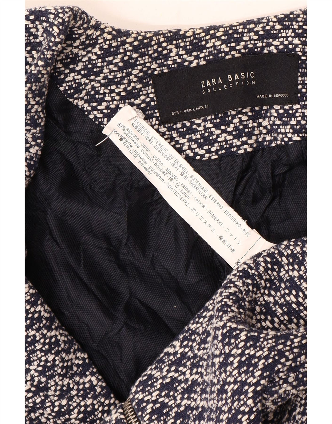 Blazer pentru femei Zara cu model abstract, UK 14 mare, bumbac bleumarin
