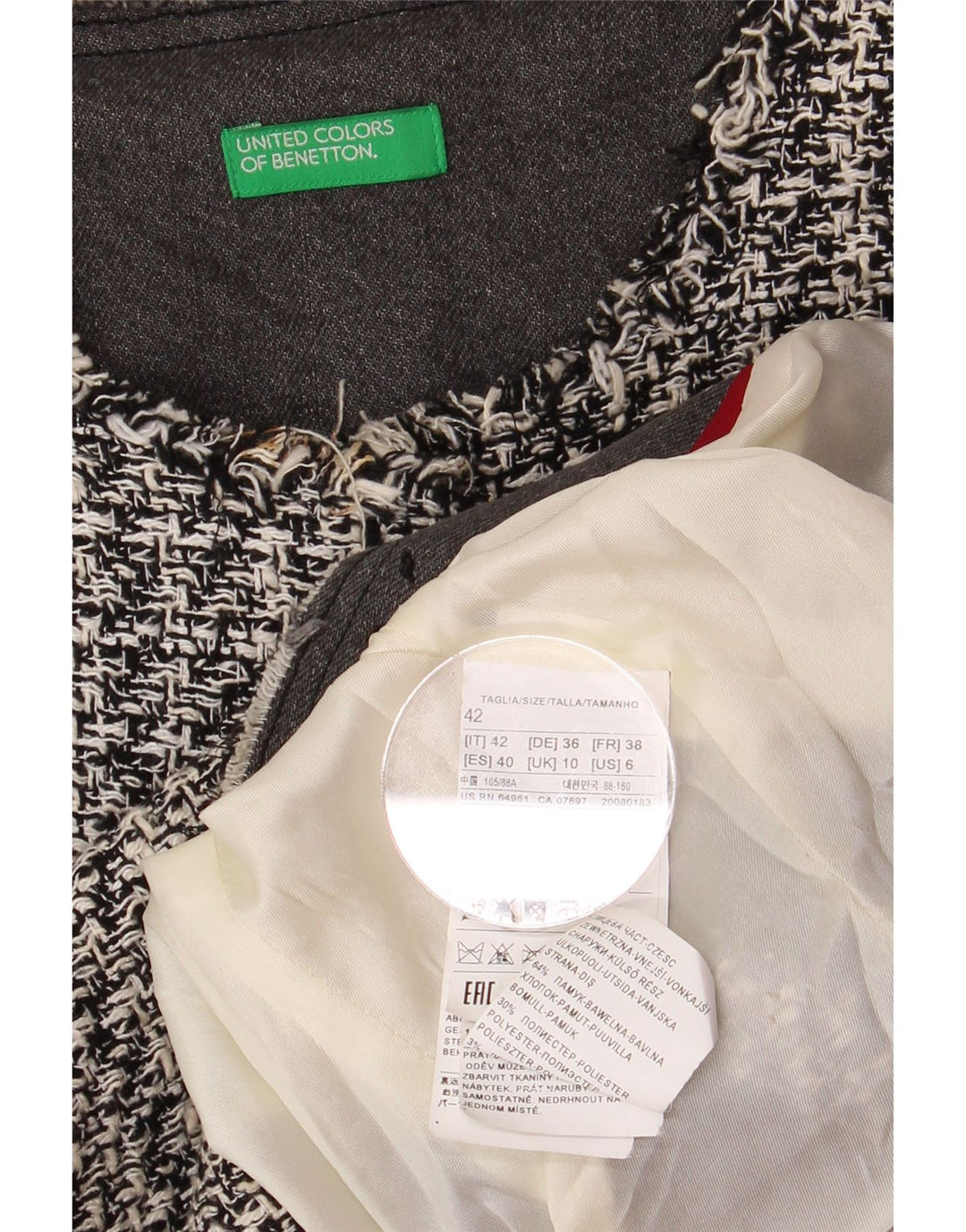 BENETTON Jachetă pentru femei Crop Open Blazer UK 10 Small Gri Houndstooth