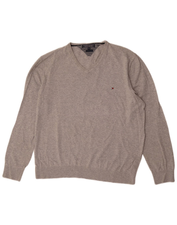 Pulover cu decolteu în V Tommy Hilfiger pentru bărbați, bumbac gri 2XL