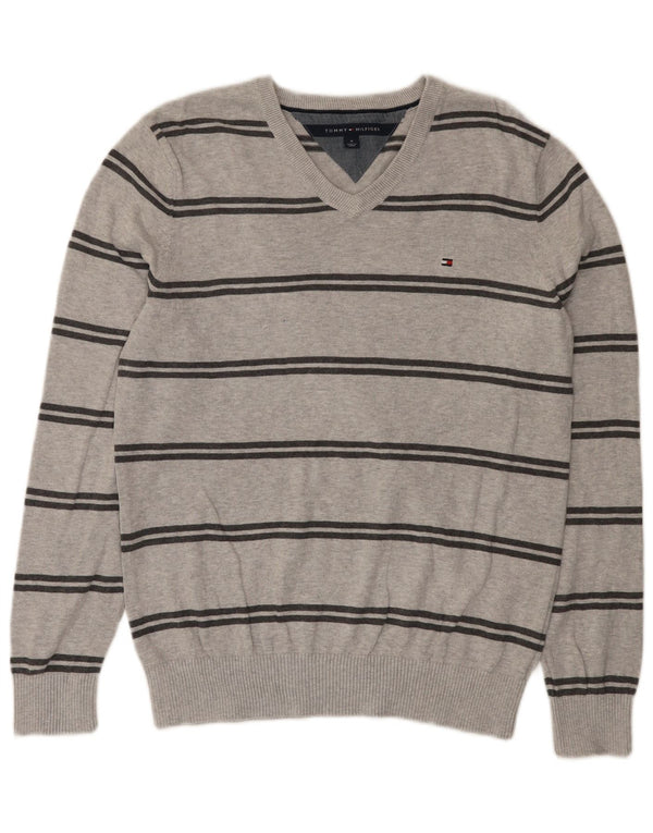 Pulover Tommy Hilfiger pentru bărbați, cu decolteu în V, din bumbac cu dungi, gri mediu