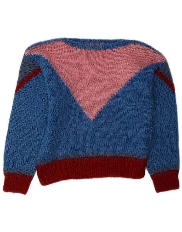 Pulover vintage pentru femei cu gât de barcă UK 14 Medium Blue Colorblock