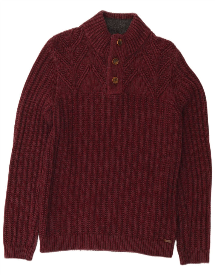 Pulover pentru bărbați Ted Baker cu gât cu nasturi, mărime 3, bumbac burgundy mediu