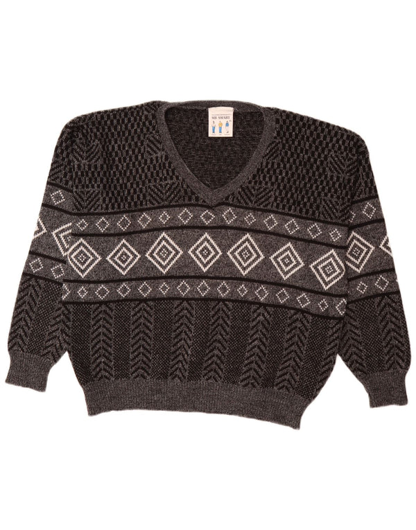Pulover vintage pentru bărbați cu decolteu în V, XL, gri geometric, acrilic
