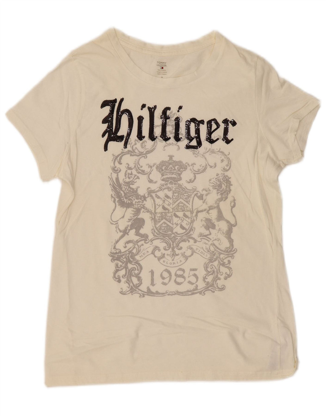 TOMMY HILFIGER Tricou cu grafic pentru femei Top UK 12 Medium Off White Bumbac