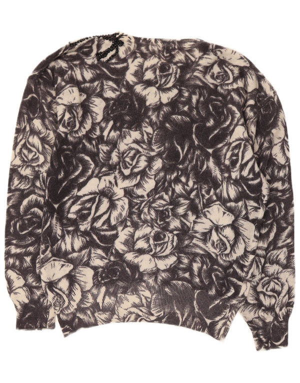 Pulover vintage pentru femei cu gât de barcă UK 12 Medium Black Floral