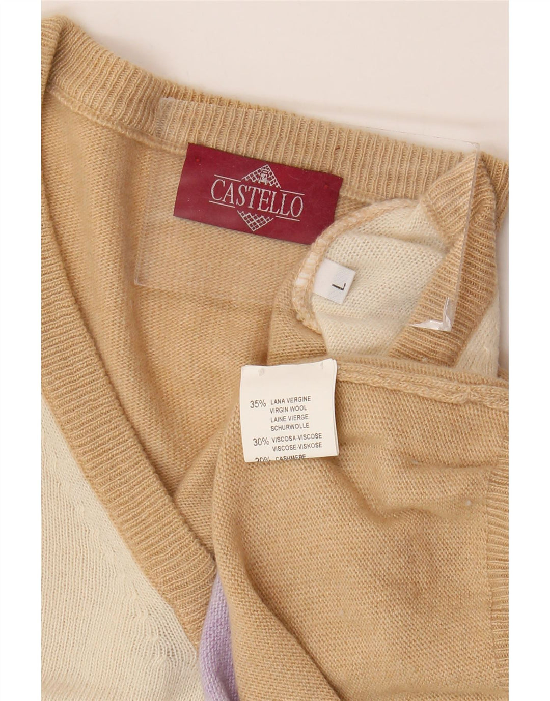 Pulover pentru bărbați Castello cu decolteu în V, mare, bej, lână virgină Argyle/Diamond