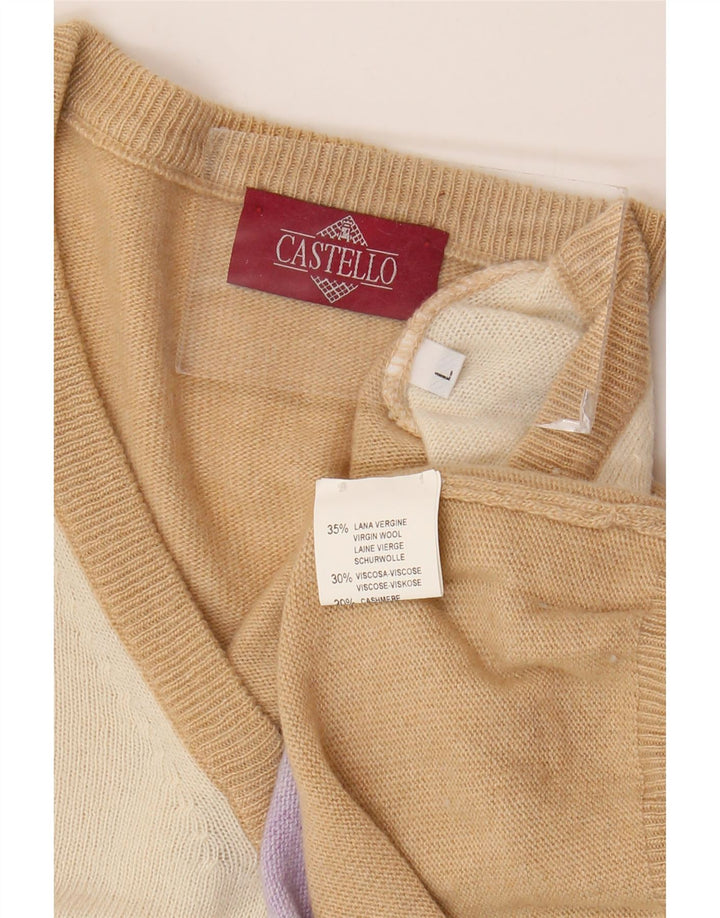 Pulover pentru bărbați Castello cu decolteu în V, mare, bej, lână virgină Argyle/Diamond