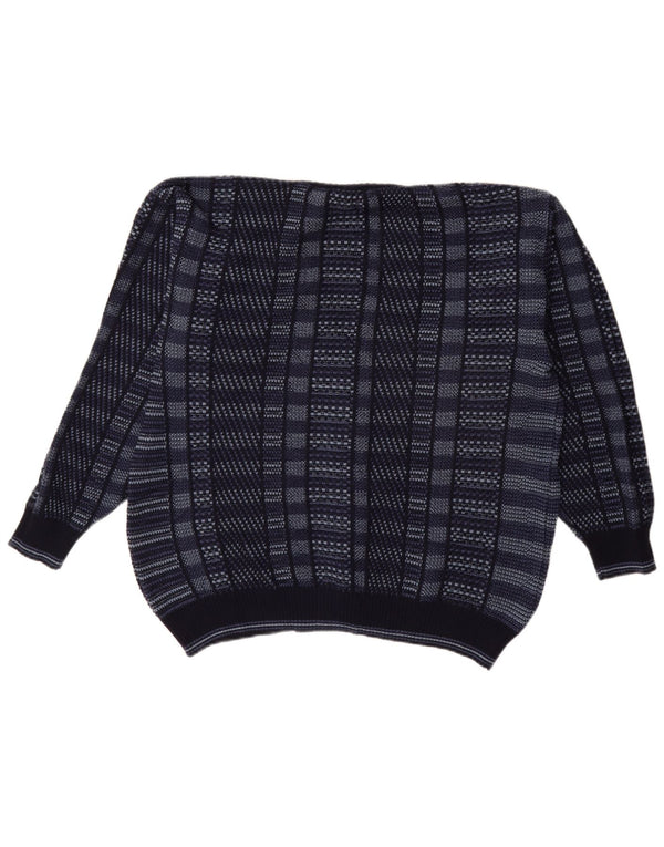 Pulover Cardigan Vintage pentru bărbați IT 52 Mare Lână Merinos Geometric Blue Marine