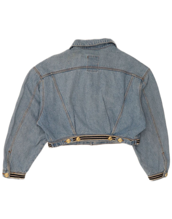 Vintage Womens Graphic Crop Denim Jacket UK 14 Medium Blue Cotton