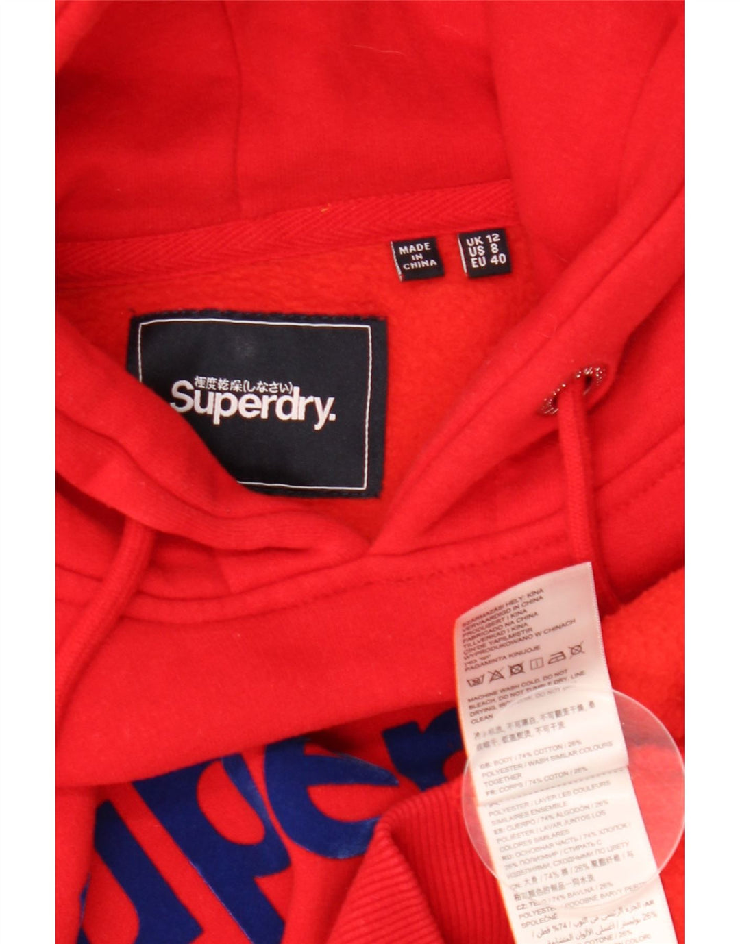 SUPERDRY Pulover cu glugă cu grafic pentru femei UK 12 Bumbac roșu mediu