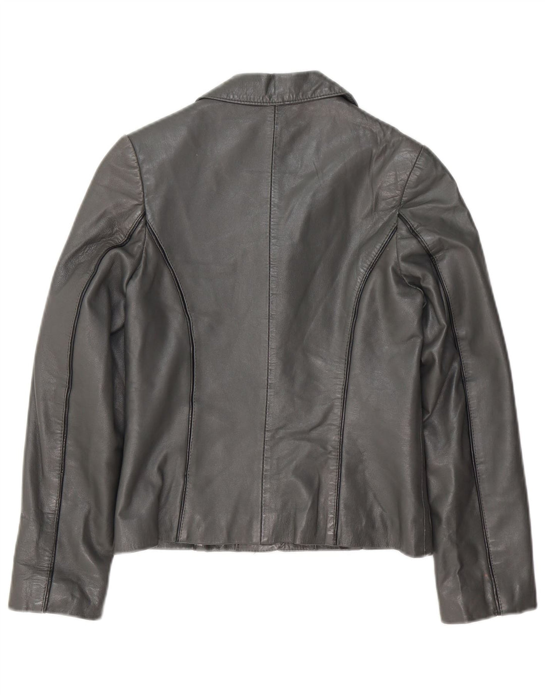 Jachetă vintage pentru femei crop cu 3 nasturi, din piele, gri, UK 8