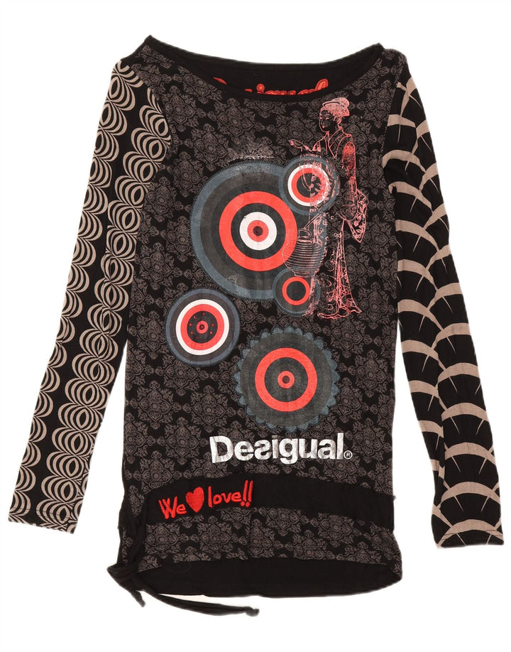 Top grafic pentru femei Desigual cu mânecă lungă UK 12 Medium Black Viscose